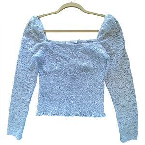 Revamped Blue Fitted Smocked Blouse Size M EUC light blue lace